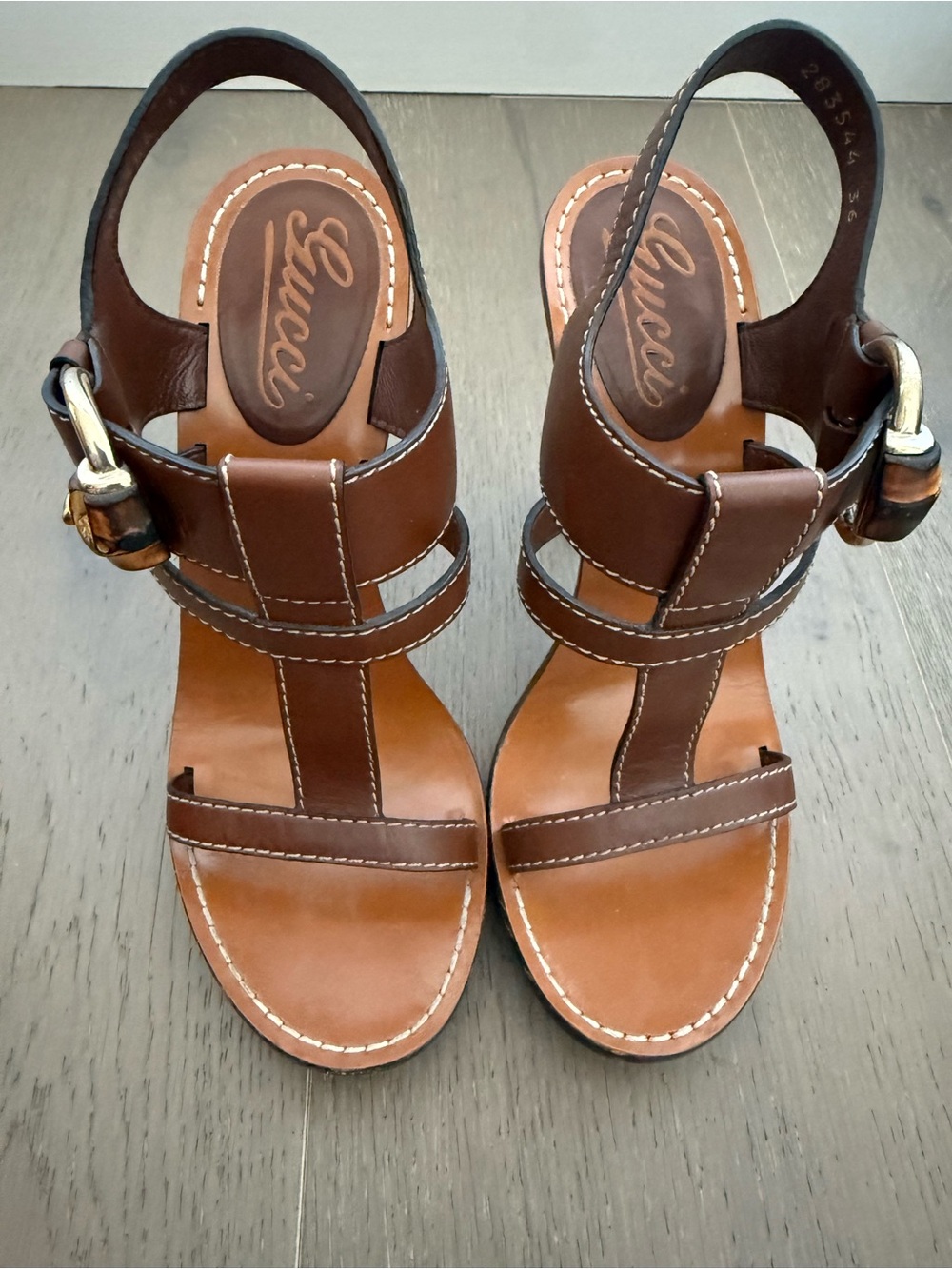 Gucci Lifford high heel Women’s Sandals with Gold Buckle, Bamboo detailing